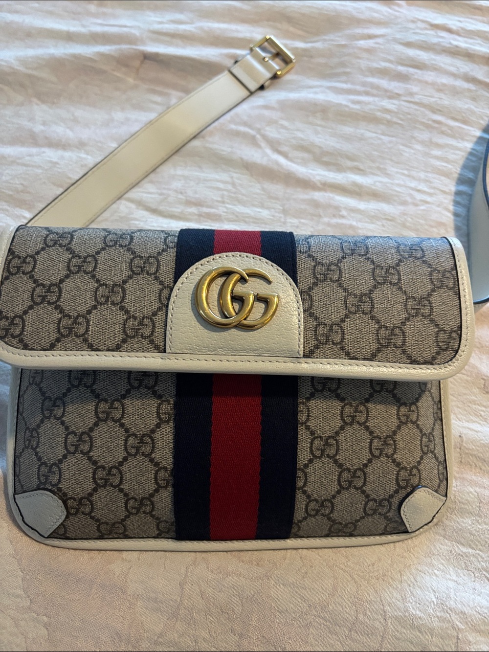 Gucci Beige GG Supreme Crossbody with Red & Blue Web and White Trim